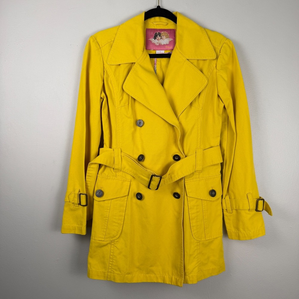 Fiorucci Trench Coat Womens S Yellow Double Breasted Flap Pocket Adjustable Belt